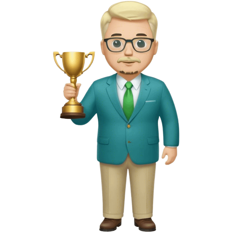 Full Body white fat male  wearing glasses with a goatee with light blonde gray very short hair basketball head Coach in blue and green suit holding trophy emoji