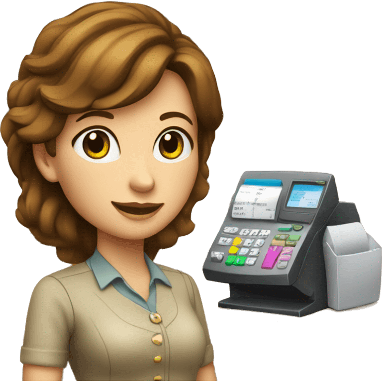 cashier (white female, brown hair, white gold earrings) in front of cash registry, apple-style emoji