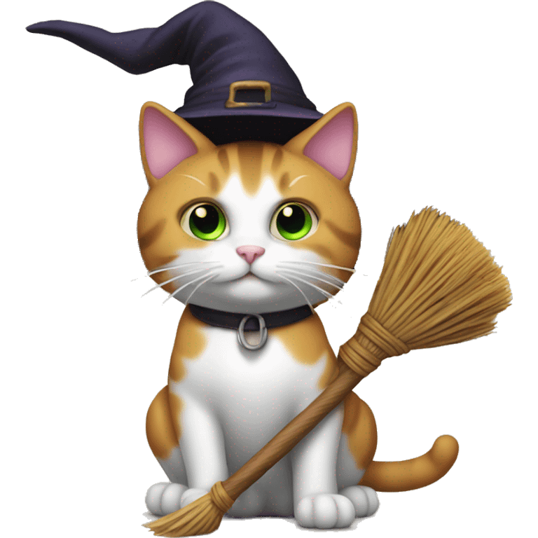 cat with witch hat on a broomstick emoji