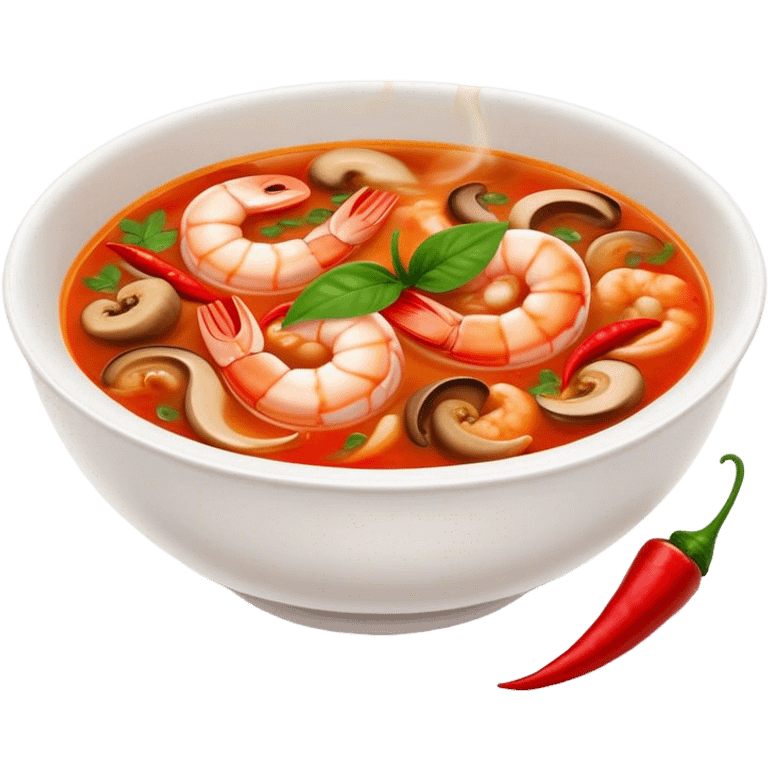 Cinematic Realistic Tom Yam Kung Soup Dish Emoji, showcasing a spicy, sour shrimp soup with herbs and mushrooms rendered with lifelike textures and bold, dynamic lighting. emoji