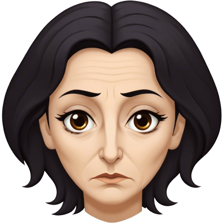 Mirri Maz Duur is a weathered, age 50 woman with deep-set dark eyes, high cheekbones, and a sharp nose, giving her a stern, knowing expression. Her long, unkempt dark hair  falls loosely over her shoulders emoji