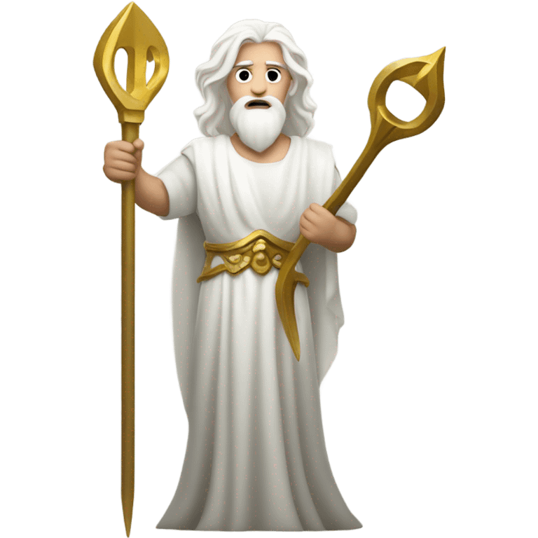 white man Poseidon with gold trident. long white hair white dress. wrench in hand emoji