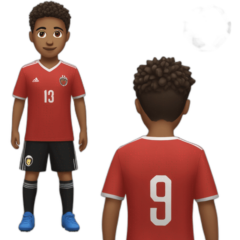 Young brown kid freestyling soccer ball on his head, spike haircut, red shirt, black trousers, soccer ball emoji