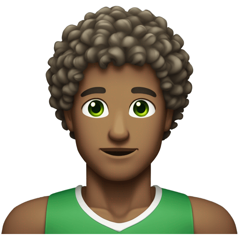 Curly hair green eyed man with a muscular build who is a young and good looking emoji