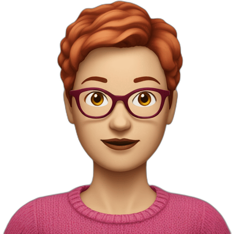 45-year-old Dutch white woman with bordeaux red colored short hair, pink sweater and gold glasses emoji