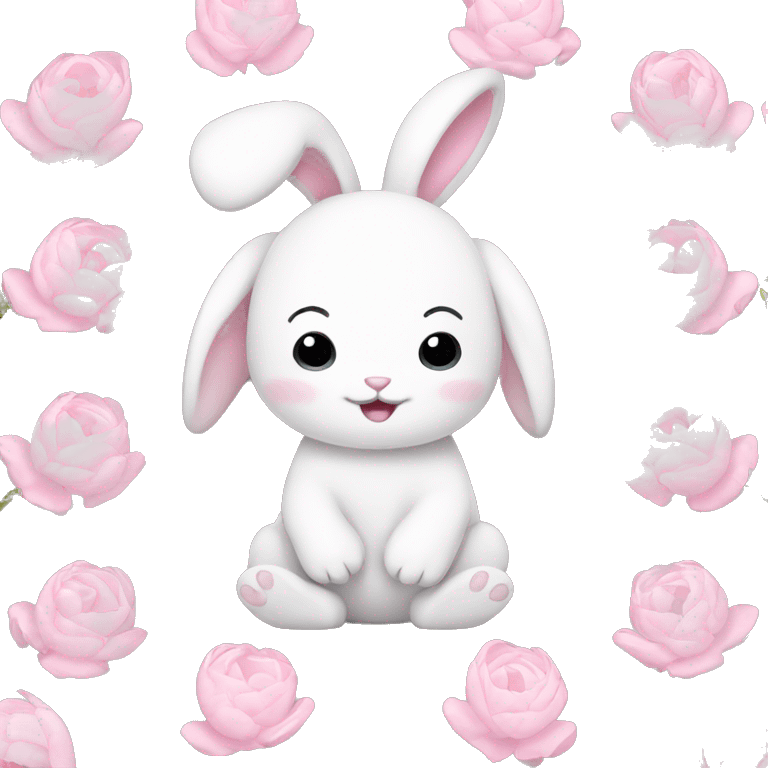 cute white bunny holding light pink peonies emoji