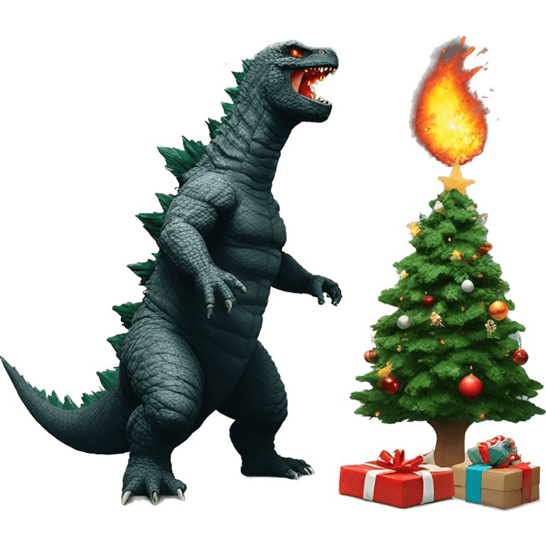 Godzilla destroying a Christmas tree with fire breath emoji