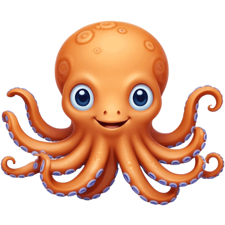 Cinematic Cute smiling Octopus Portrait Emoji, Head tilted playfully and inquisitively, featuring a rounded, light orange body embellished with playful blue rings, eight adorably curling arms, and big, twinkling eyes full of wonder, Simplified yet irresistibly adorable features, highly detailed, glowing with a warm, inviting underwater glow, high shine, affectionate and lively, stylized with a touch of whimsical cartoon charm, soft glowing outline, capturing the essence of a mischievous yet loving octopus that seems as if it could bob out of the screen into your arms! emoji