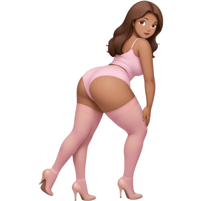 curvy brown long hair and brown eyes, intimate bending over arched back sfw light pink nylon stocking pose emoji