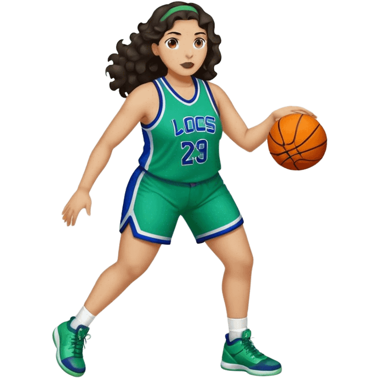 full body plus size light skin latino women basketball player with wavy dark hair large widenose wearing blue and green uniform emoji