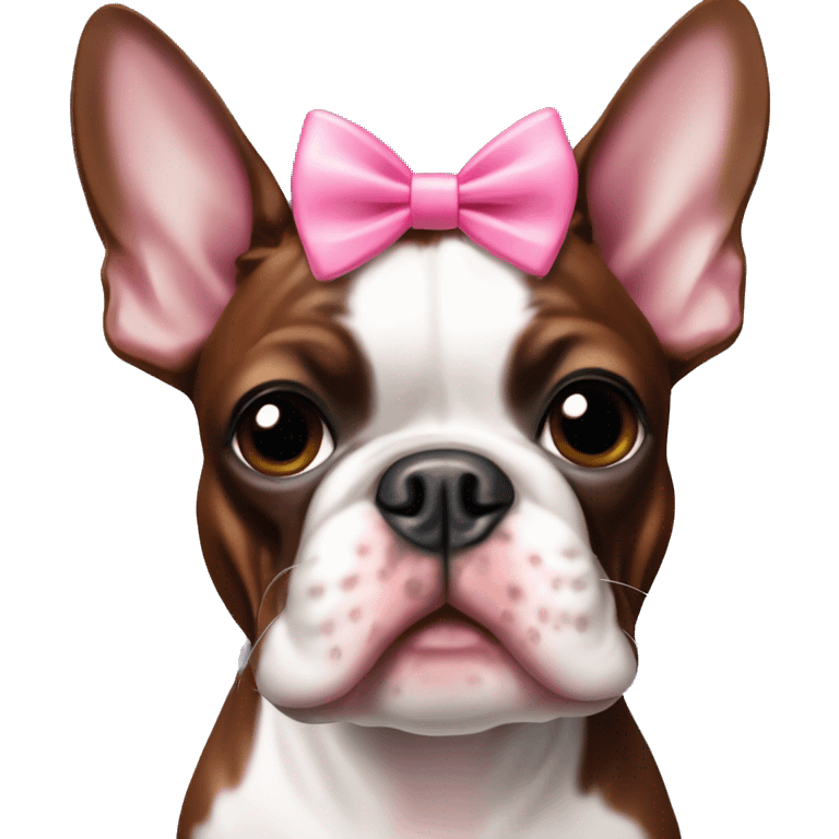 Red brindle Boston terrier with a pink bow on right ear emoji