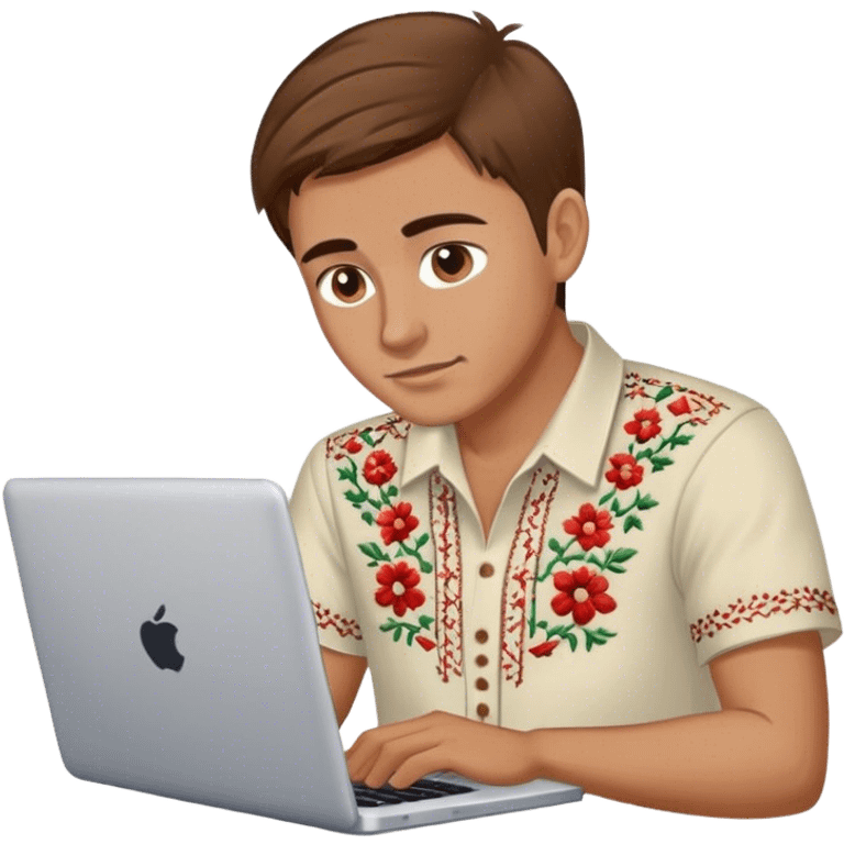 A Ukrainian guy with brown hair in an embroidered shirt works at his laptop emoji