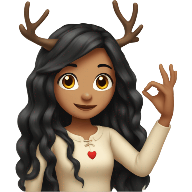 Girl with deers horns with long black hair with hands making heart emoji