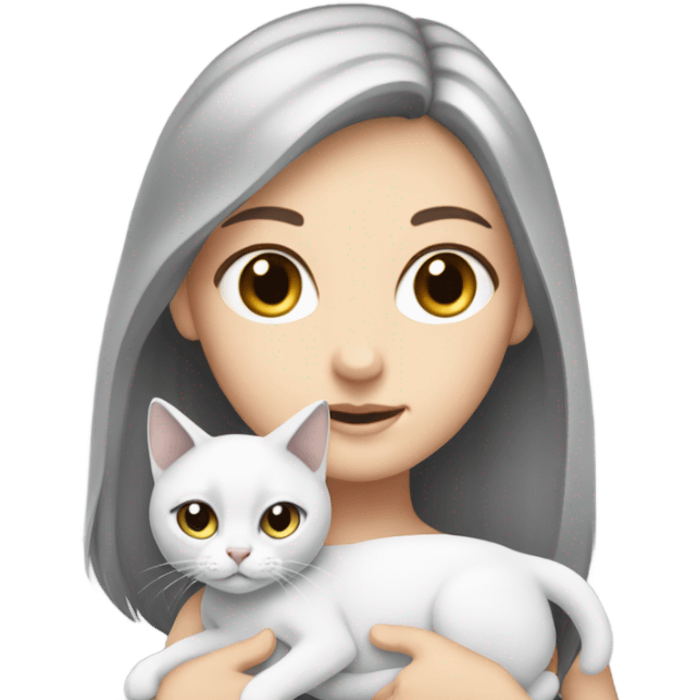 a white girl with a white cat on her hands, a cat have a gray ears and tail emoji