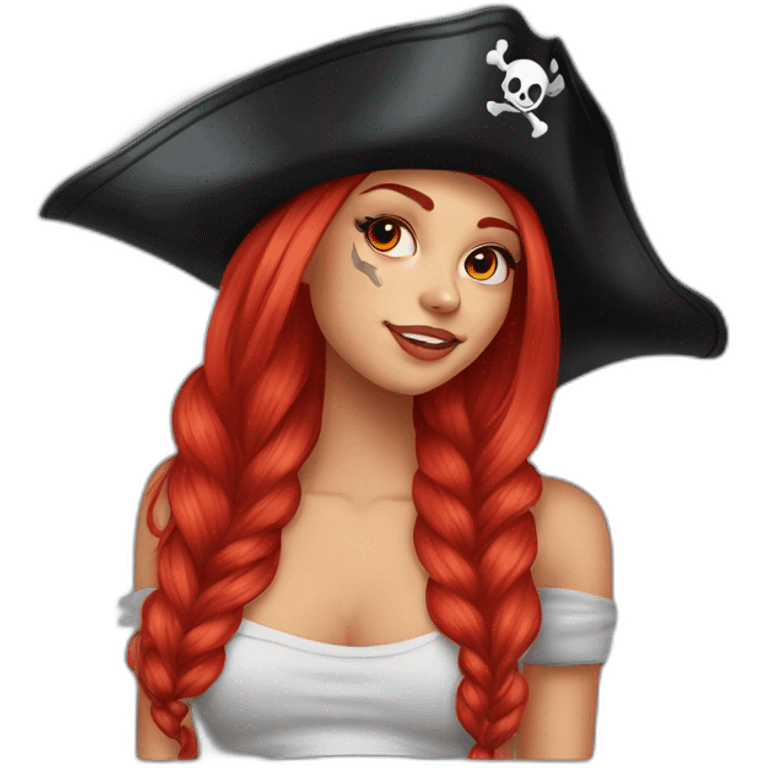 Woman long red platted hair on one side, other side of head is shaved. Tattoo under shaved hair. pirate hat, skull and crossbones t shirt emoji