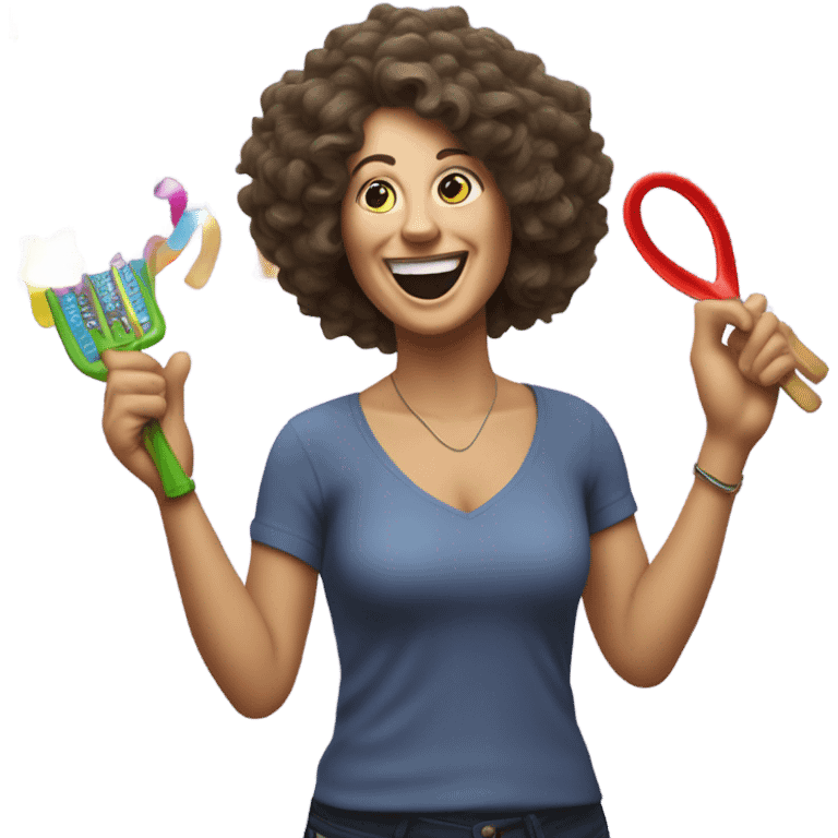 40-year-old white woman woman partying dizzyingly, with frizzy hair and party tools  emoji