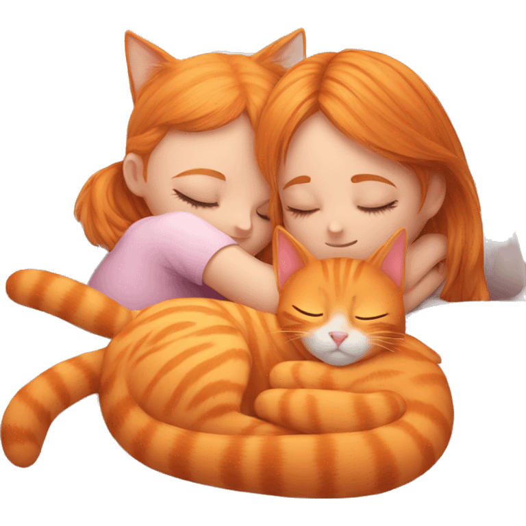 Orange cat sleeping with girl emoji