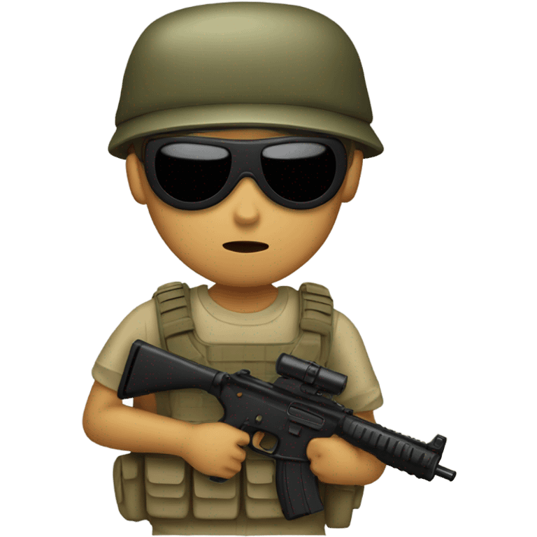 a tan boy wearing a army suit holding a gun with a black mask emoji