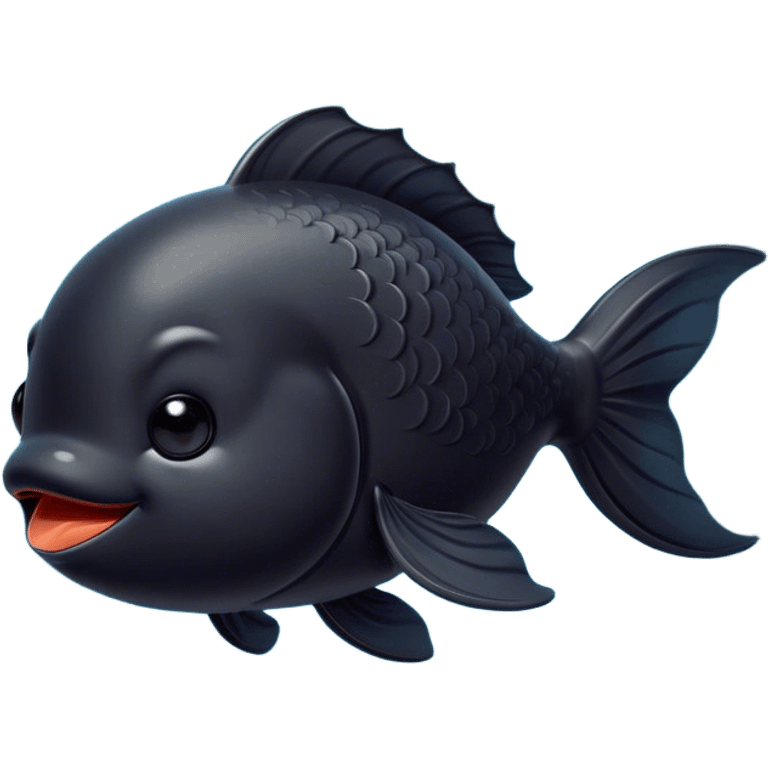 Meme-Worthy Cute Sleeping Black Goldfish Portrait Emoji, Head resting peacefully with a contented smile, showcasing a streamlined, graceful body and a luxuriously soft deep black hue, eyes closed in a serene, floating nap, Simplified yet hilariously adorable features, highly detailed, glowing with a soft, drowsy light, high shine, relaxed and utterly lovable, stylized with an air of playful laziness, bright and heartwarming, soft glowing outline, capturing the essence of a comically sleepy goldfish, so meme-worthy it feels like it could instantly become the next viral sensation of adorable slumber! emoji