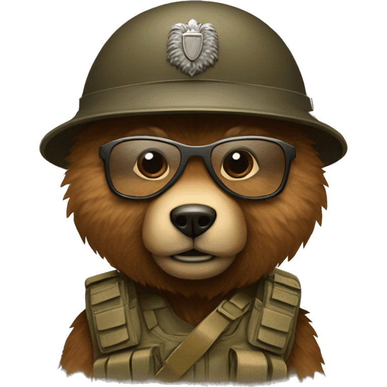 A brown furry bear as a soldier with a helmet and glasses emoji