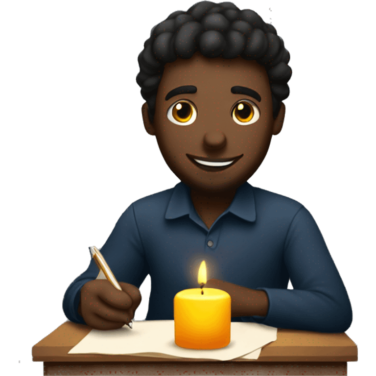 a man writing a letter and being happy. with a candle in the darkness emoji