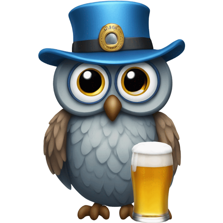 Blue owl wearing a hat you can drink beer from emoji