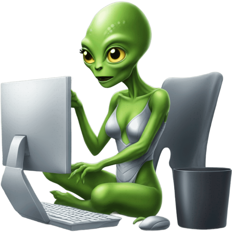 Green Alien reptilian woman in silver dress, working at computer  emoji