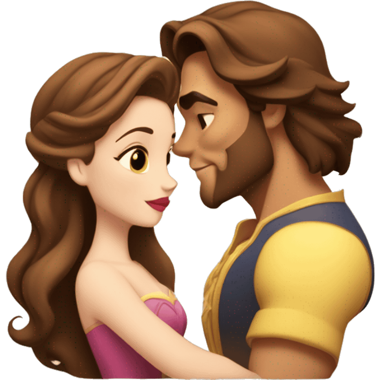 Belle with brown hair from beauty and the beast kissing the beast and the beast looks like he does in the movie  emoji