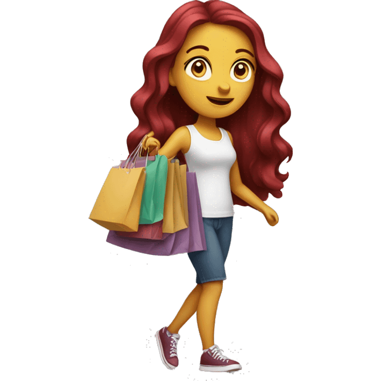 Long Burgundy haired girl, shopaholic, carrying a lot of shopping bags emoji