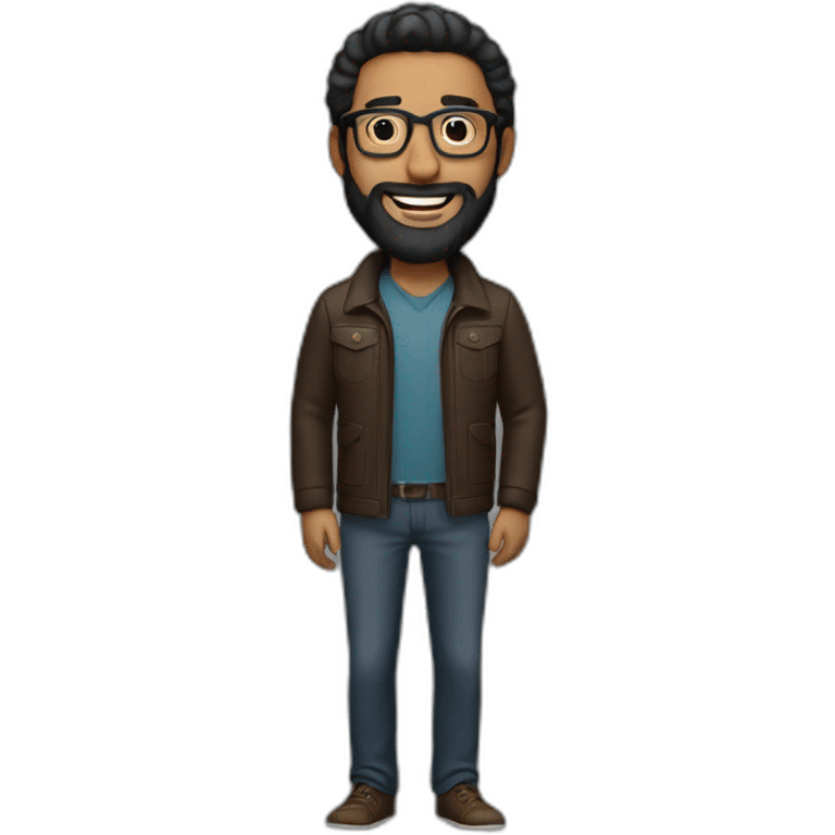 a brown man with a long beard, wearing glasses, jacket and a smile on his face. full body image black hair emoji