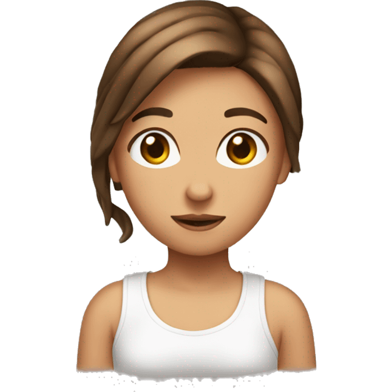 A girl with brown hair and a T-shirt with a shrimp emoji