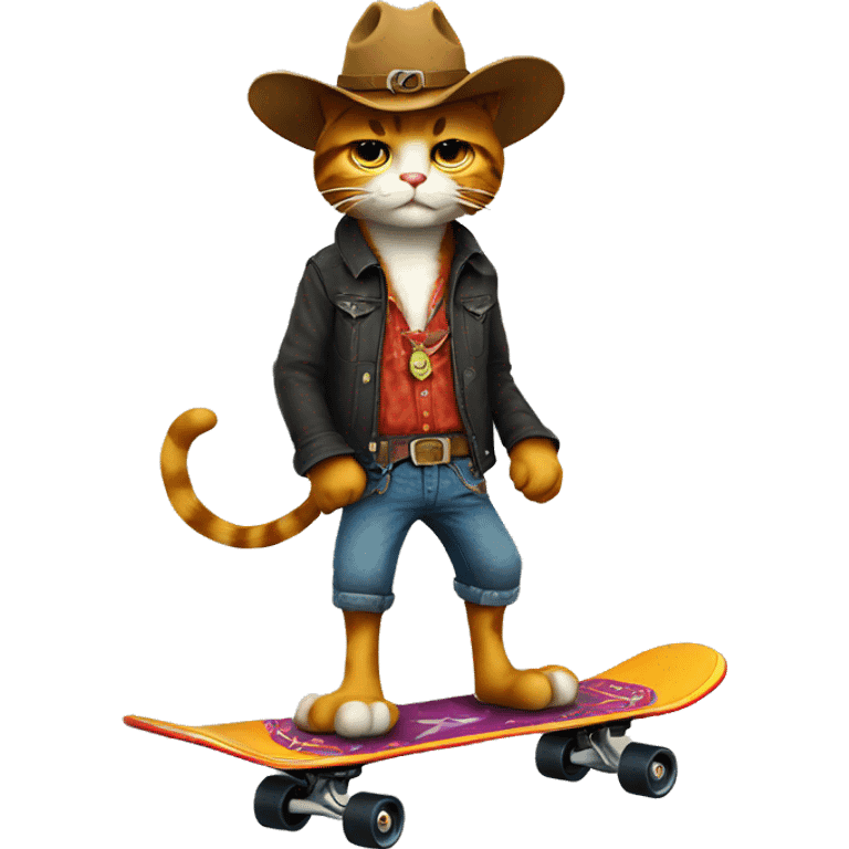 a cool cowboy cat on skateboard, lively emoji