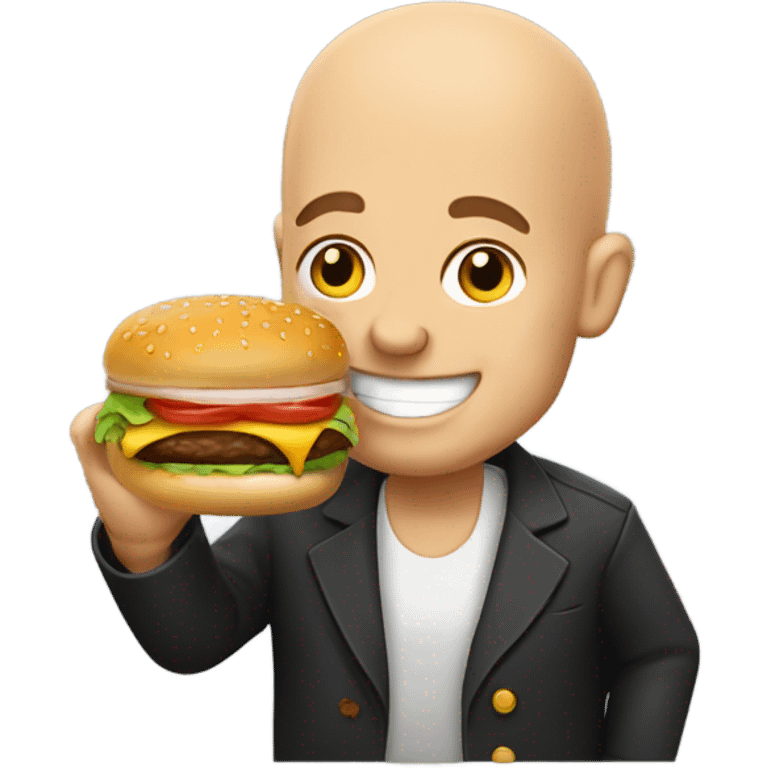 Happy bald man eating a burger and drinking bourbon  emoji