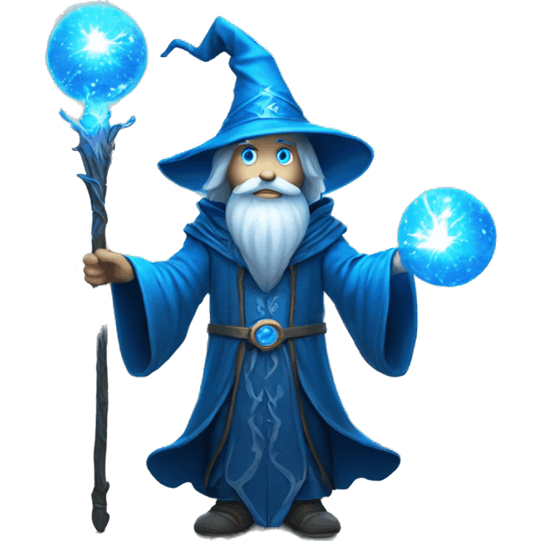 Wizard with staff emitting magical light, ball at the end glowing blue. Mysterious and impressive. emoji