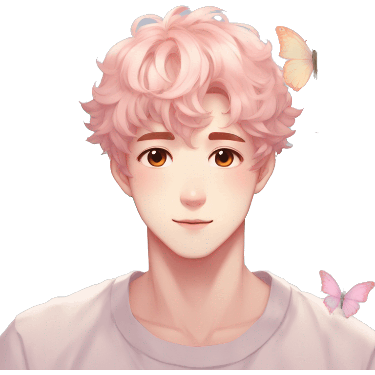 Gorgeous pastel anime style shojo man with blushing face and butterflies aesthetic and pretty hair trending style emoji