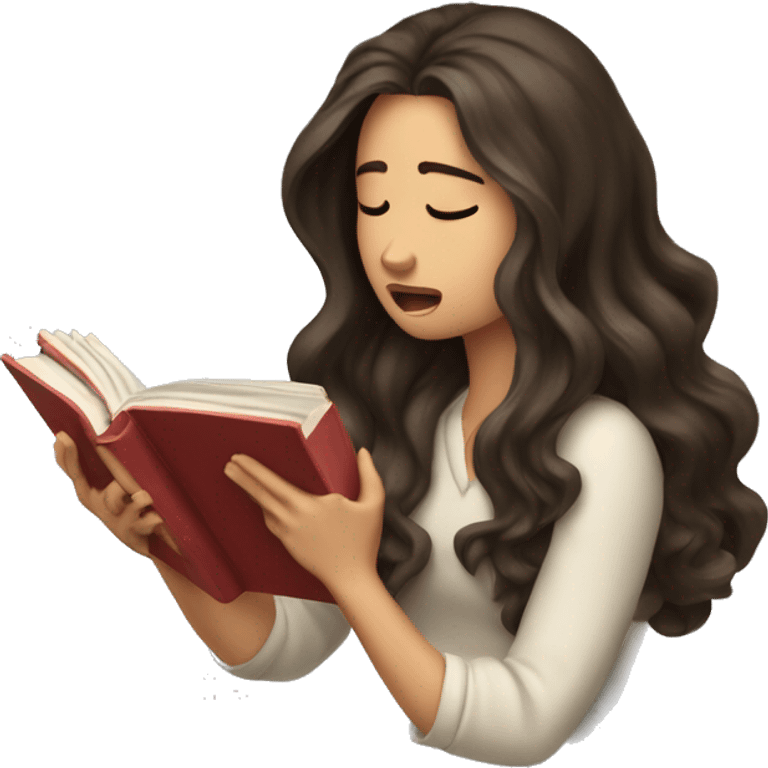 brunette long wavy hair woman crying tears down face while holding and reading book emoji