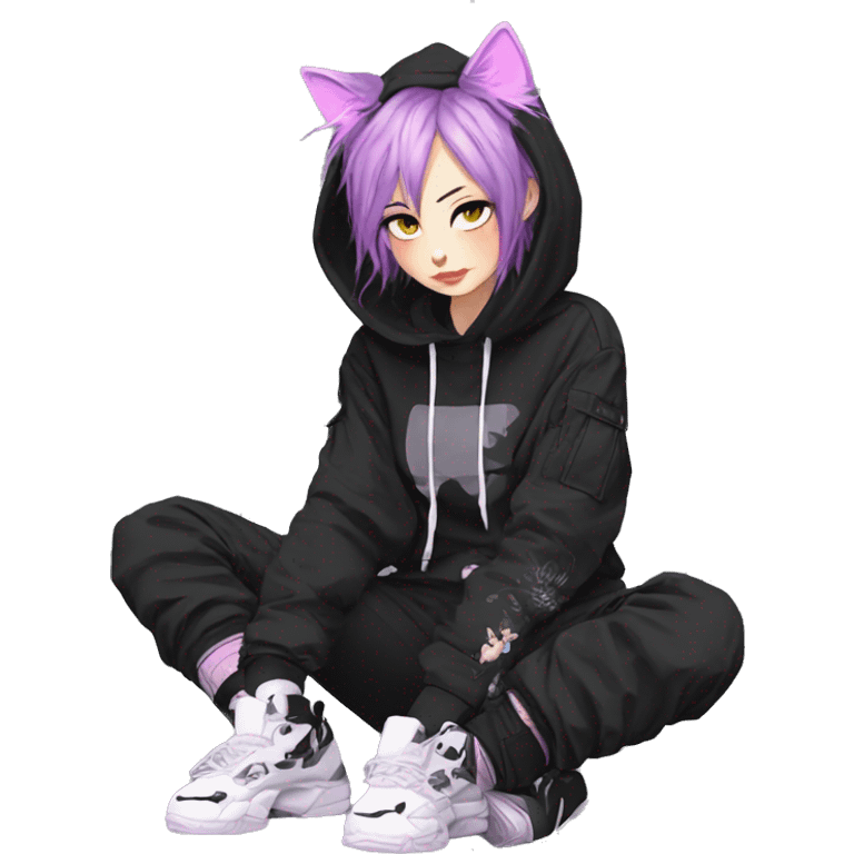 Edgy beautiful pretty anime punk tomboy with cat ears techwear cargo pants hoodie emoji