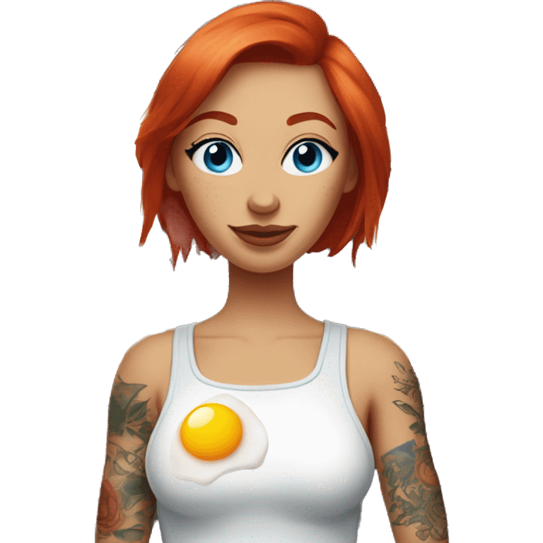 Woman with red hair, blue eyes and arm tattoos holding fried eggs emoji