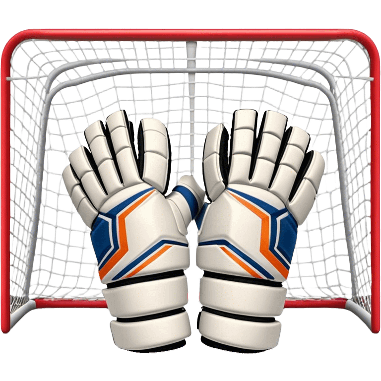 Cinematic Realistic image of goalie gloves showcasing detailed fabric textures and intricate grip patterns, rendered against a blurred goal backdrop with focused, high-contrast lighting that accentuates their essential design emoji