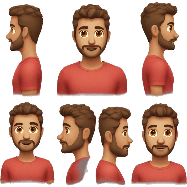 youn man, latin,washed out red shirt, semi curly short hair, 3 day beard emoji