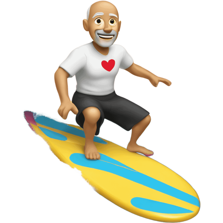 Old bald man surfing in Hawaii with hearts above him emoji