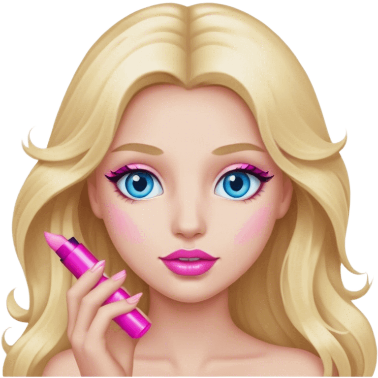 Cinematic realistic blonde with long hair, blue eyes and pink lips with mascara in her hands emoji