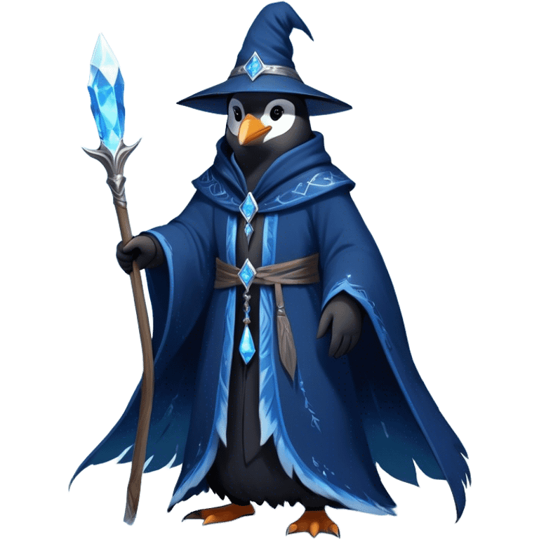 A mysterious penguin mage with sleek midnight-blue feathers, wearing a flowing black robe adorned with silver runes. A tall, pointed wizard hat sits slightly tilted on his head, the brim casting a shadow over his glowing icy-blue eyes. His flipper clutches an ancient wooden staff topped with a swirling crystal, radiating a soft, cold light. Snowflakes drift around him as he stands on a frozen cliff, his aura crackling with arcane energy, ready to summon a blizzard with a flick of his staff. emoji