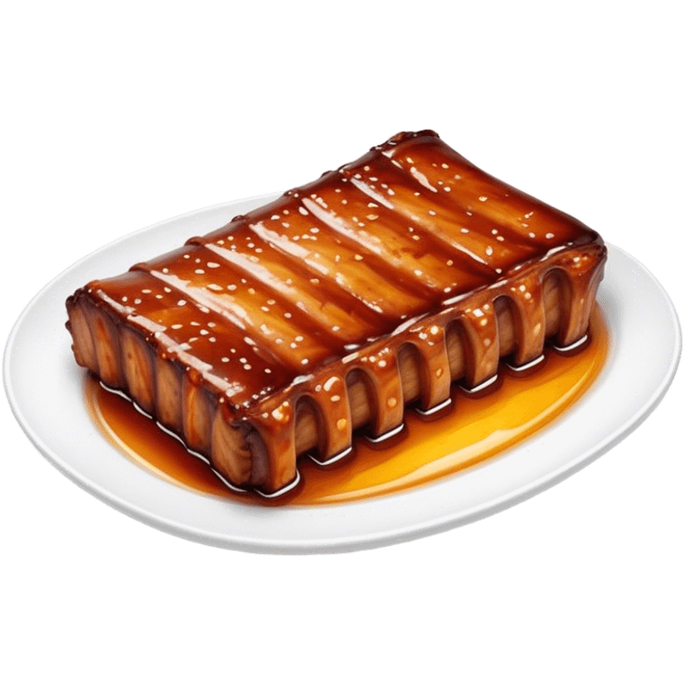 Honey Glazed BBQ Ribs Cinematic Realistic Honey Glazed BBQ Ribs Dish Emoji, depicted as a small portion of tender, honey-glazed ribs with a sticky, smoky finish, rendered with rich textures and warm, dynamic lighting. emoji