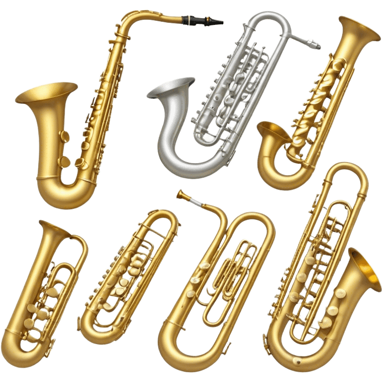 Create a professional, harmonious emoji collage symbolizing wind instruments.  The instruments should be in metallic gold, silver, and brass tones, with subtle reflections to convey a professional and polished appearance. Add soft musical notes or soundwaves to surround the instruments, creating a sense of movement and sound. The background should be transparent, ensuring all instruments are the focus and the composition remains harmonious and balanced. emoji