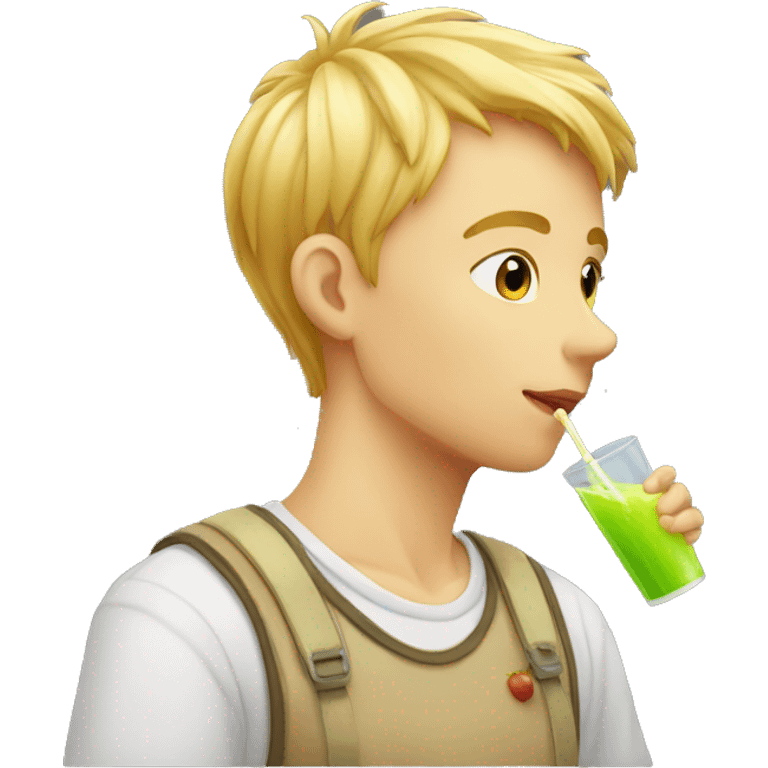 A blonde boy sucking juice with a straw, profile view emoji