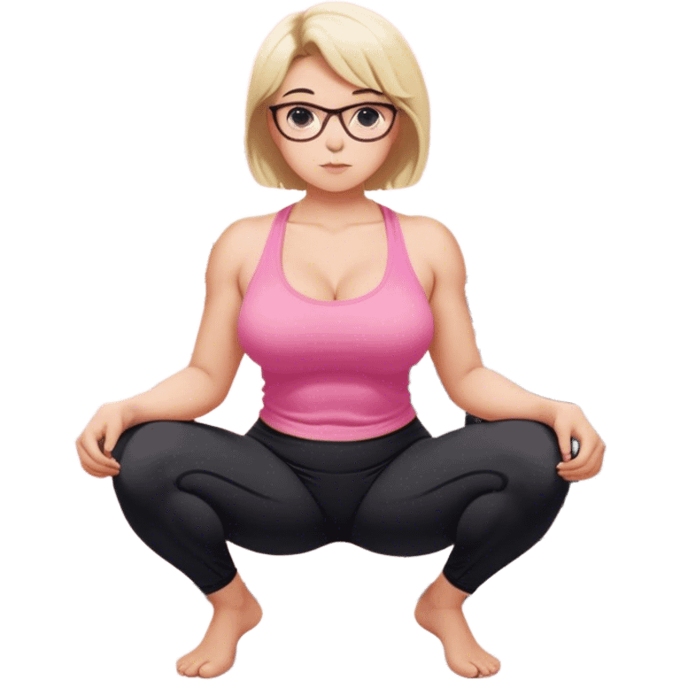 view from quarter angle, fair skinned woman, thick milf, short blond hair, small reading glasses, squatting down in kitchen, pink loose tank top, showing natural B cup breast shape SFW, black yoga pants, large curvy booty emoji