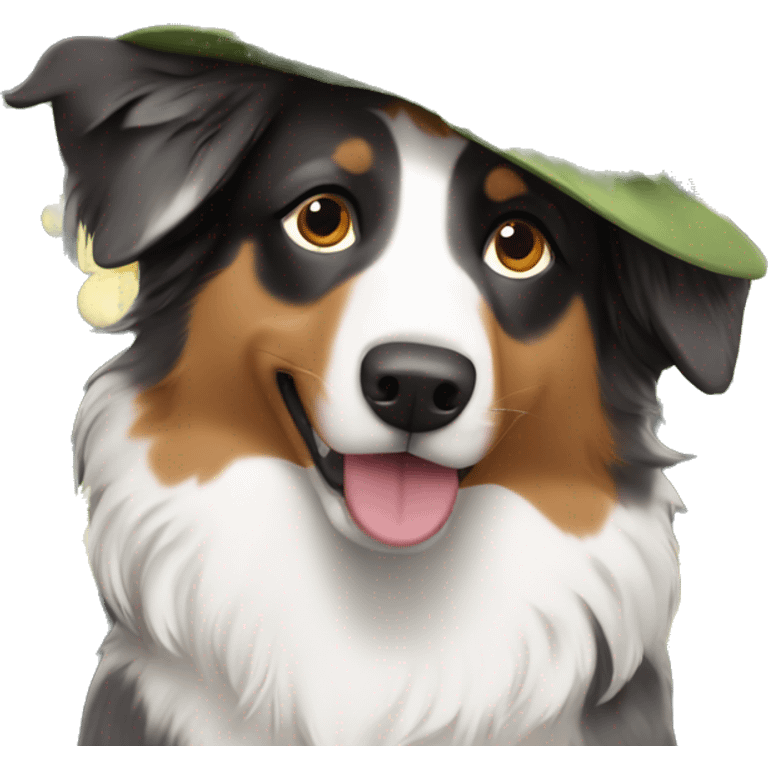 australian Shepard with a flowery leafy hat emoji