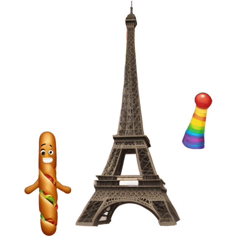 A giant holding the Eifel tower while riding on a rainbow eating a magic hotdog  emoji