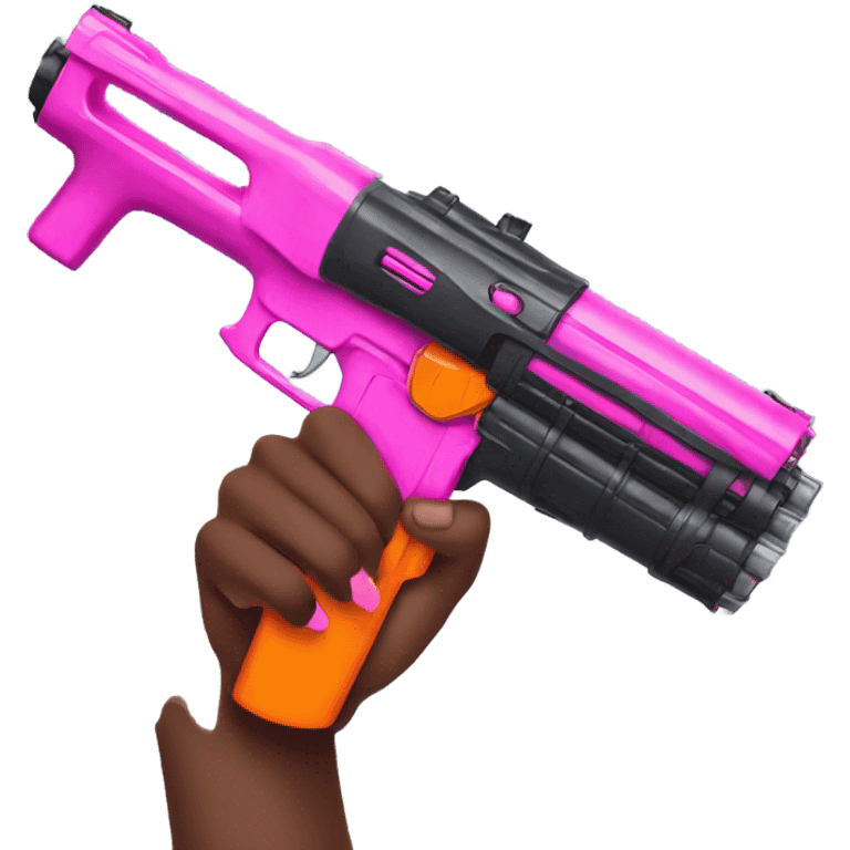 brown hand with pink nails holding large scary dark nerf gun emoji